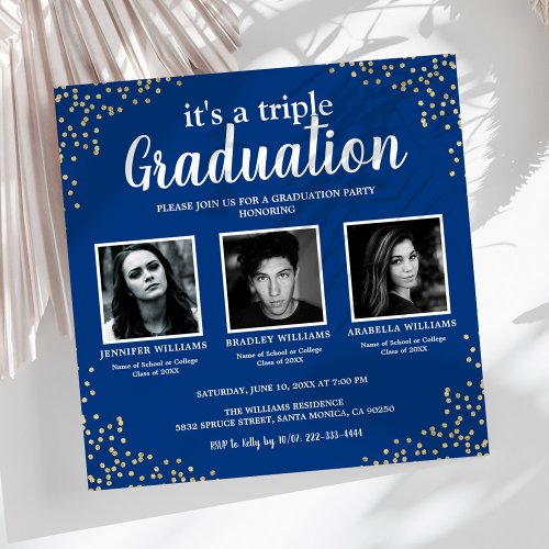 Triple Graduation Three Photo Blue Party Invitation