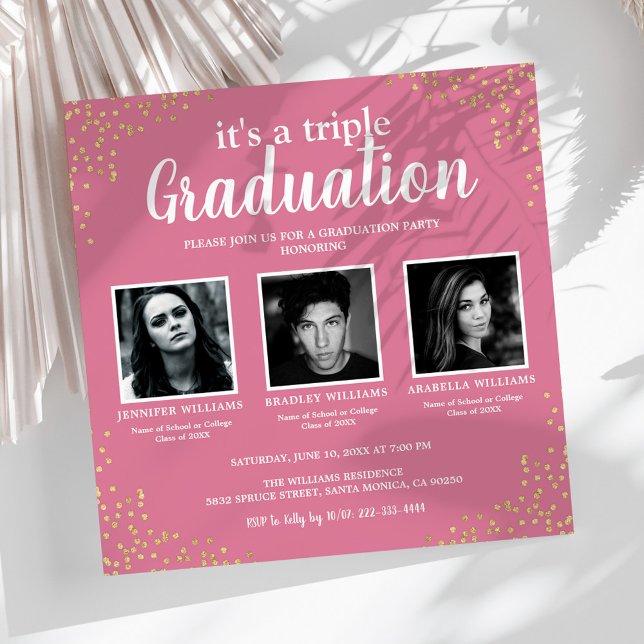 Triple Graduation Three Photo Pink Party Invitation (Creator Uploaded)