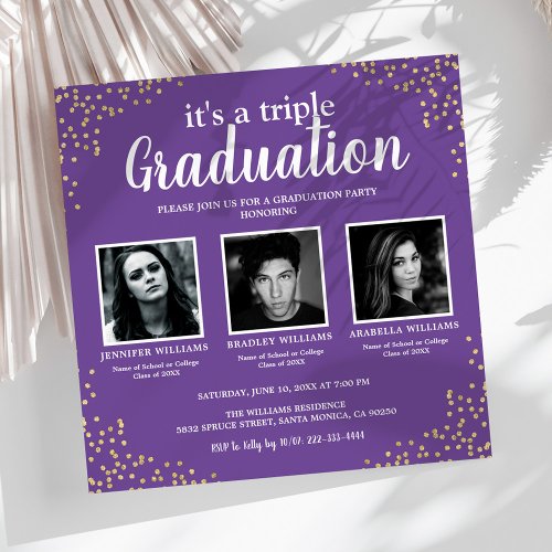Triple Graduation Three Photo Purple Party Invitation