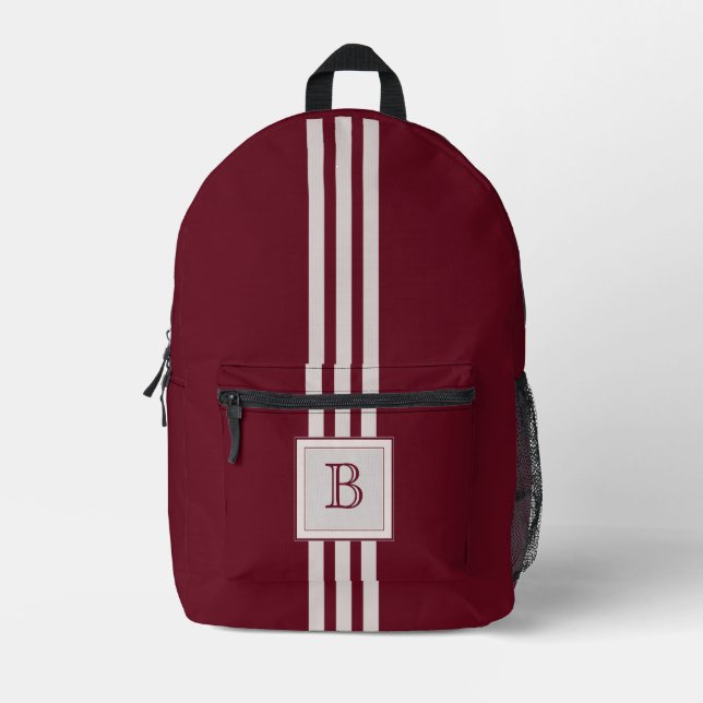 Triple Grey Stripe on Autumn Burgundy w Monogram Printed Backpack (Front)