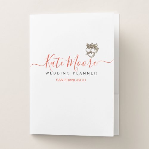 Triple Hearts Crown Orange Script Wedding Planner Pocket Folder