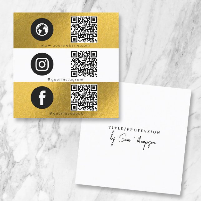 Triple Icon & QR Code Business Social Media Gold Square Business Card (Triple Icon & QR Code Business Social Media Gold Square Business Card)