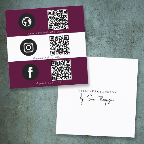 Triple Icon  QR Code Business Social Media Maroon Square Business Card