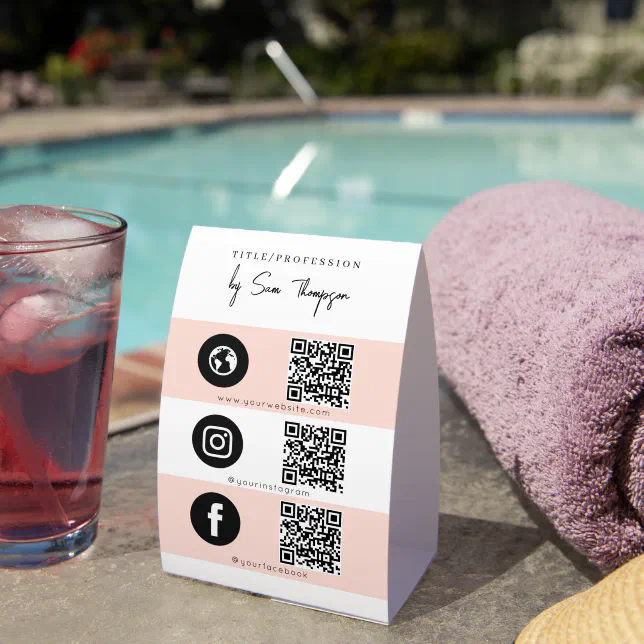 Triple Icon & QR Code Business Social Media Pink Paper Table Tent | Zazzle
