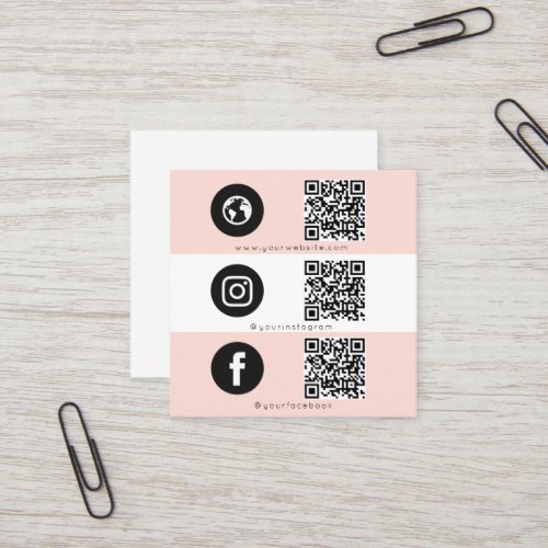 Triple Icon QR Code Social Media Pink Feminine  Square Business Card