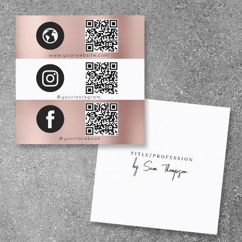 Triple Icon QR Code Social Media Rose Gold Square Business Card