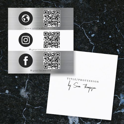 Triple Icon QR Code Social Media Silver Metal Square Business Card