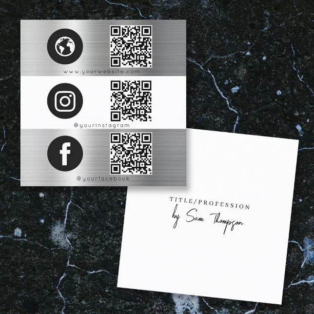 Triple Icon QR Code Social Media Silver Metal Square Business Card | Zazzle