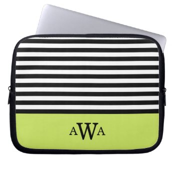 Triple Letter Monogram Green Black White Stripes Laptop Sleeve by DoodlesGiftShop at Zazzle