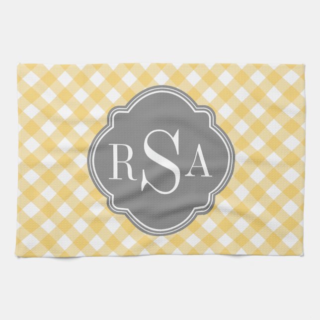 Triple Monogram Grey Yellow Gingham Pattern Towel (Horizontal)