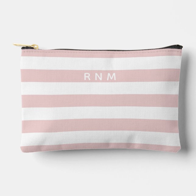 Triple Monogram on Blush Pink and White Stripes Accessory Pouch (Front)
