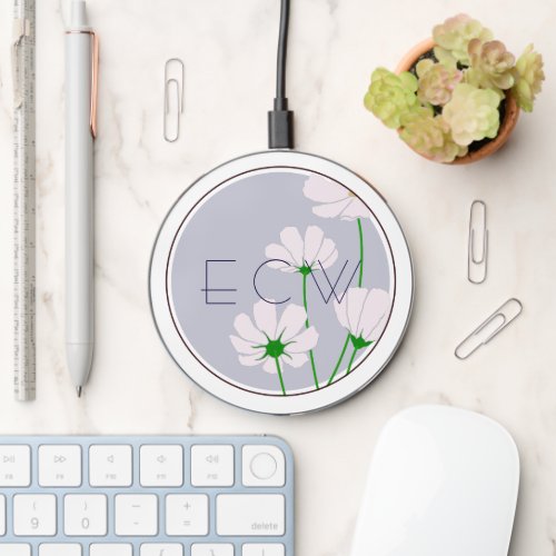 Triple Monogram with Pink Cosmos on Lilac Wireless Charger