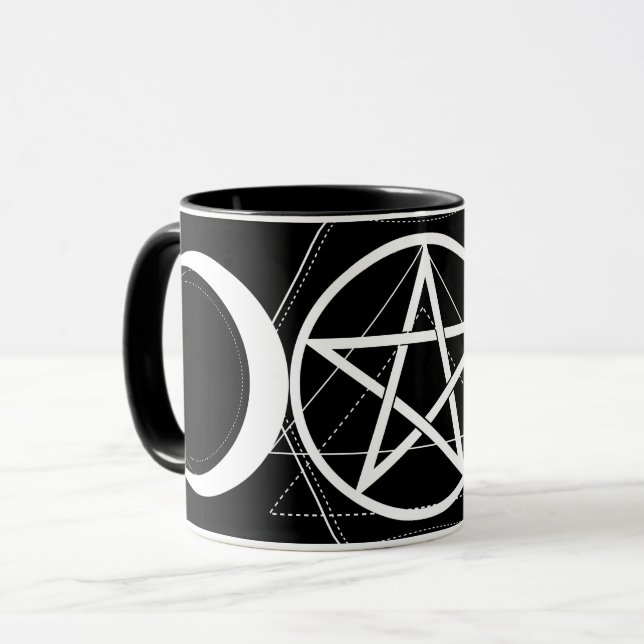 Triple Moon Geometry Pentagram Black & White Wicca Mug (Front Left)