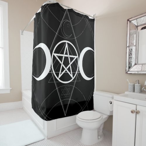 Triple Moon Geometry Pentagram Black  White Wicca Shower Curtain