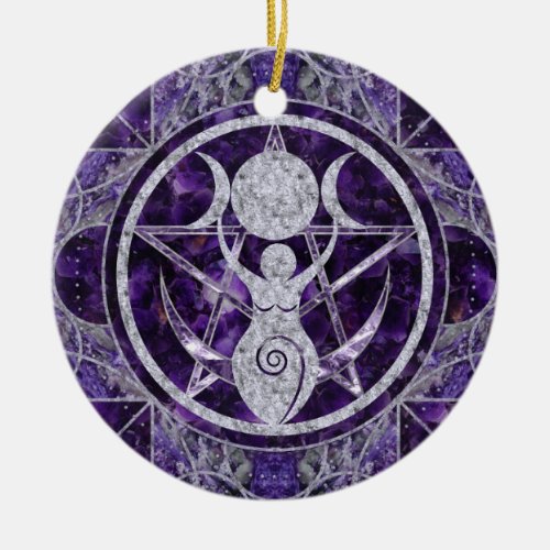 Triple Moon _ Goddess _Amethyst and Silver Ceramic Ornament