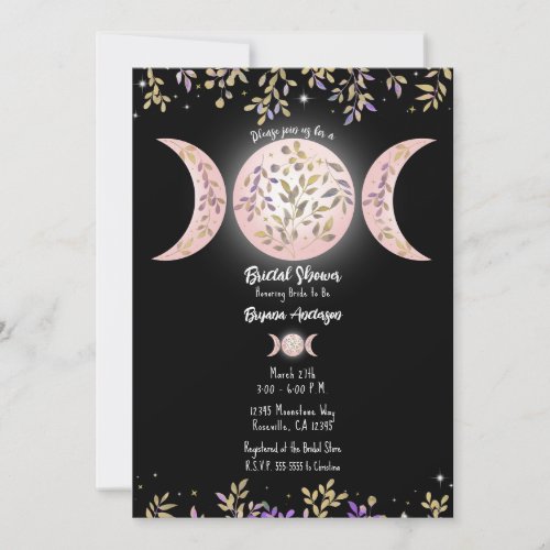 Triple Moon Goddess Botanical Black Bridal Shower Invitation
