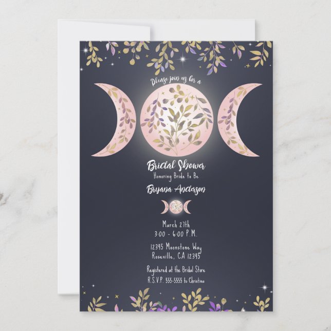 Triple Moon Goddess Botanical Blue Bridal Shower Invitation (Front)