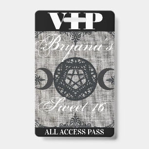 Triple Moon Goddess Burlap VIP Pass Birthday Party Badge