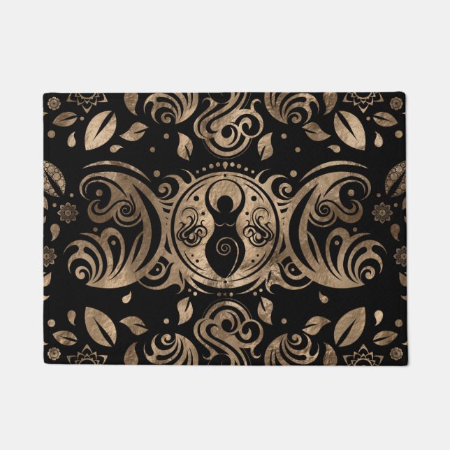 Triple Moon Goddess Gold and Black Doormat (Front)