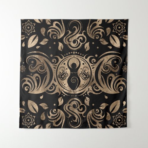 Triple Moon Goddess Gold and Black Tapestry