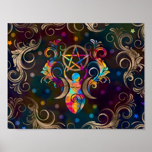 Triple Moon Goddess with pentagram ornament Poster