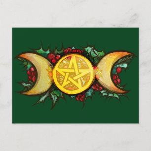 Triple Moon Holly Yule Art                         Holiday Postcard