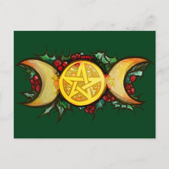 Triple Moon Holly Yule Art                         Holiday Postcard (Front)