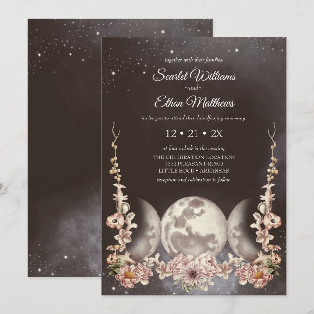 Triple Moon Phase Boho Floral Handfasting Invitation (Front/Back)