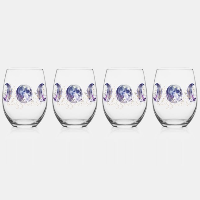 Triple Moon Purple and Gold  Stemless Wine Glass (Front)