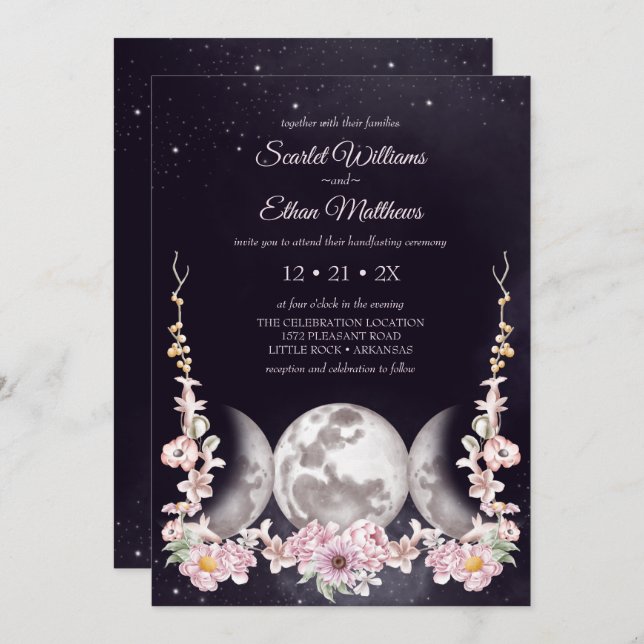 Triple Moon Purple Night Sky Wicca Handfasting Invitation (Front/Back)