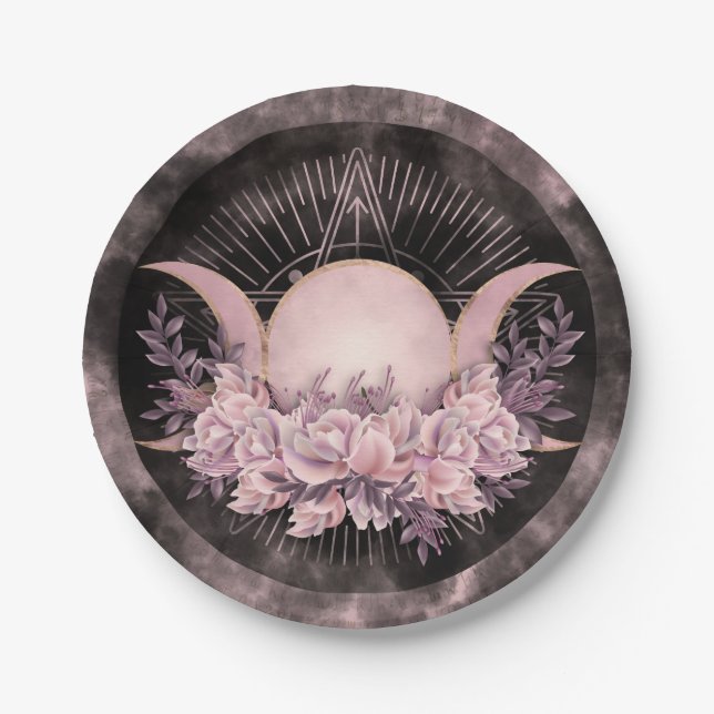 Triple Moon - Triple Goddess -Gentle Floral Paper Plates (Front)