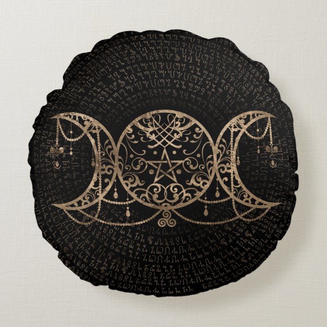Triple Moon - Triple Goddess Gold and black Round Pillow (Front)