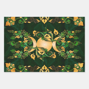 Triple Moon - Triple Goddess Malachite and Gold Wrapping Paper Sheets