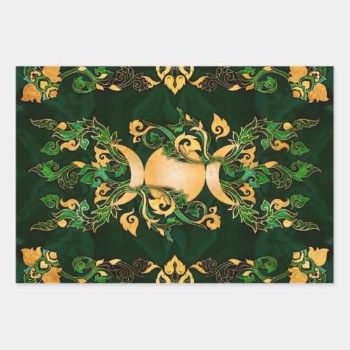 Triple Moon _ Triple Goddess Malachite and Gold Wrapping Paper Sheets