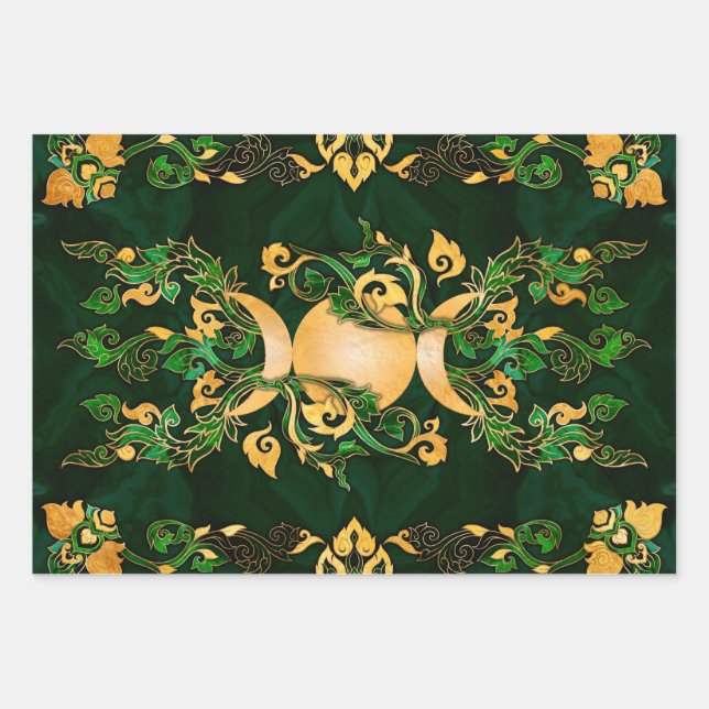 Triple Moon - Triple Goddess Malachite and Gold Wrapping Paper Sheets (Front)