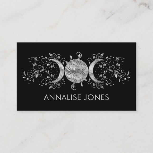 Triple Moon - Triple Goddess Silver Ornament Business Card (Front)