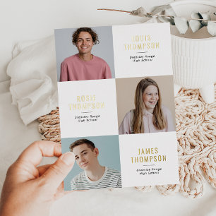 Triple Photo 3 Grad White Gold Graduation Party Foil Invitation