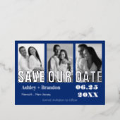 Triple Photo Blue, White, REAL Foil Invitation (Standing Front)