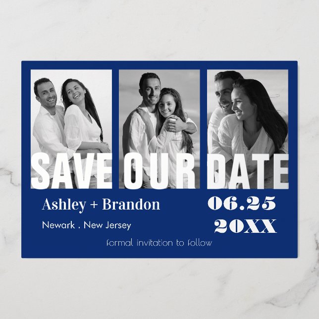 Triple Photo Blue, White, REAL Foil Invitation (Front)