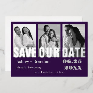 Triple Photo Purple, Gray REAL Foil Invitation