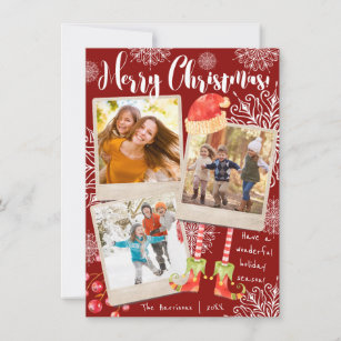 Triple Photo Red & White Christmas   Personalized Holiday Card