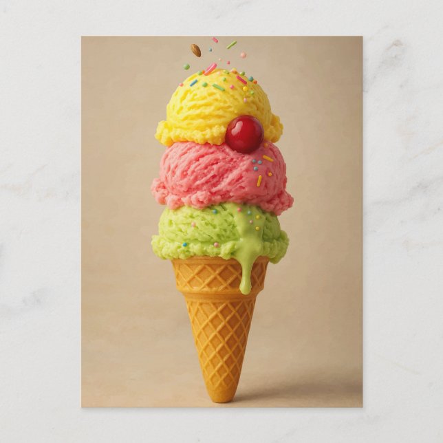 Triple Scoop Delight – Ice Cream Cone Postcard (Front)