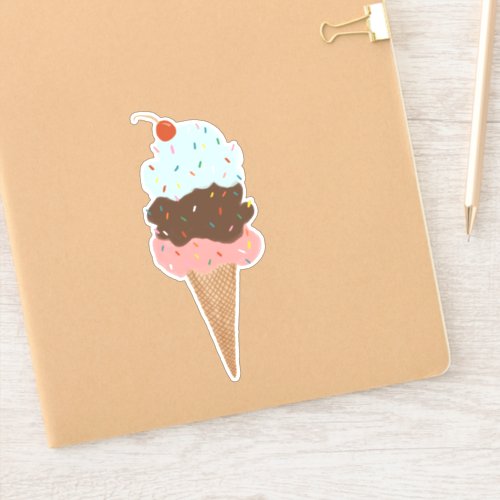 Triple Scoop Ice Cream Cone Cherry Illustration Sticker