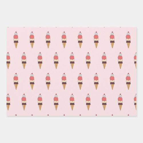 Triple Scoop Ice Cream Cone Wrapping Paper Sheets