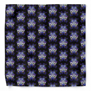 Triple Skull Blue Floral Sugar Skulls Bandana