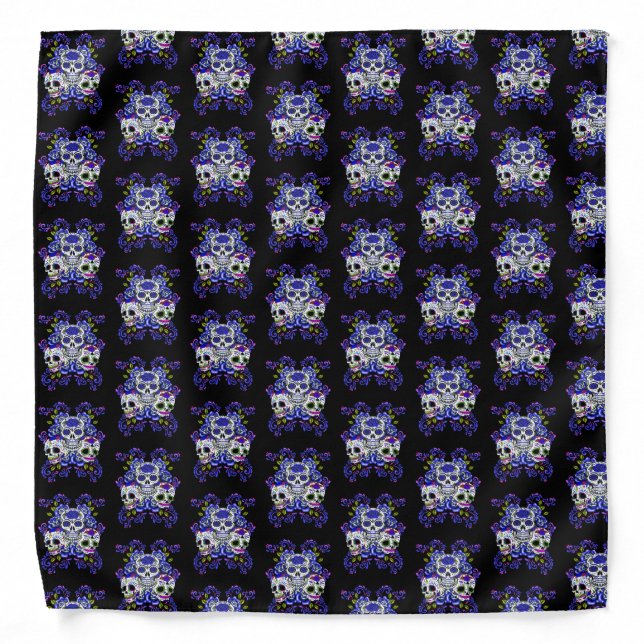 Triple Skull Blue Floral Sugar Skulls Bandana (Front)
