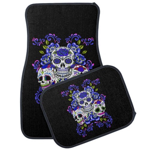 Triple Skull Blue Floral Sugar Skulls Car Floor Mat