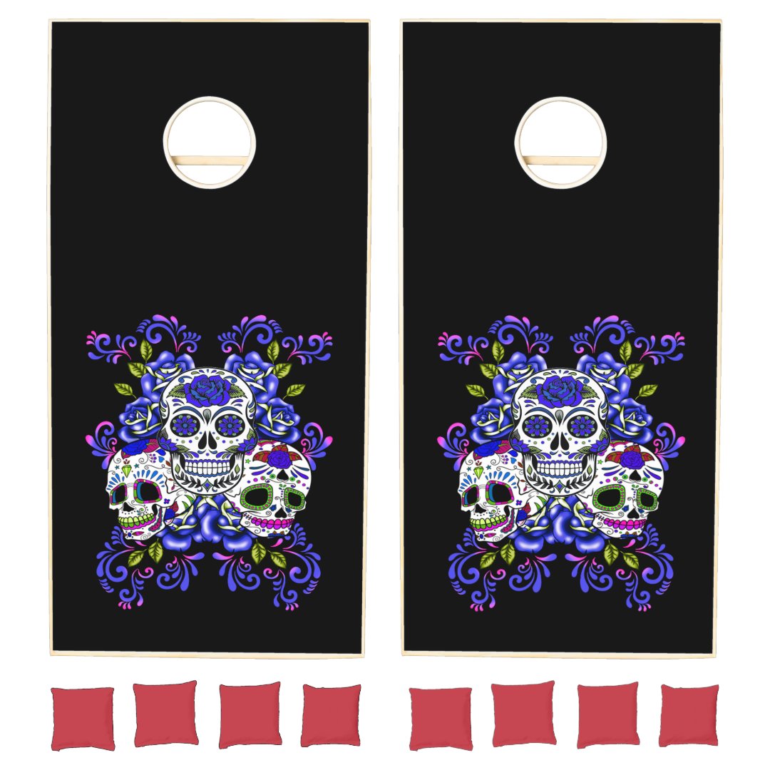 Triple Skull Blue Floral Sugar Skulls Cornhole Set | Zazzle