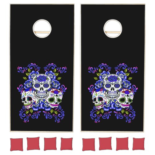 Triple Skull Blue Floral Sugar Skulls Cornhole Set