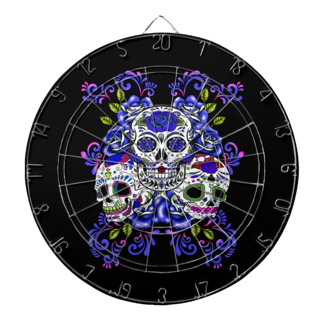 Triple Skull Blue Floral Sugar Skulls Dart Board (Front)